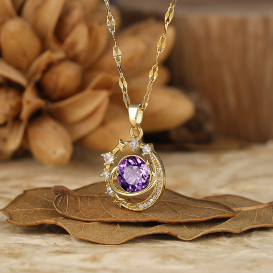 925 Plata Collar Colgante Redondo Delicado con Amatista Natural Luna y Estrellas Collar de Oro 14K