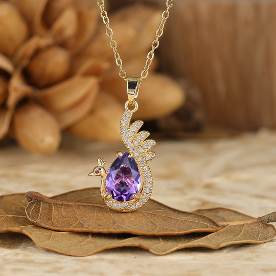 925 Sterling Silver Unique Teardrop Elegant Natural Amethyst Swan/Peacock Pendant Necklace for Women