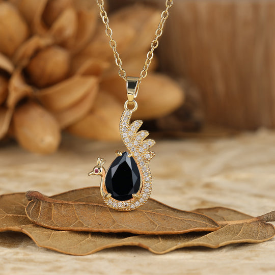 925 Sterling Silver Unique Teardrop Elegant Black Onyx Swan/Peacock Pendant Necklace for Women