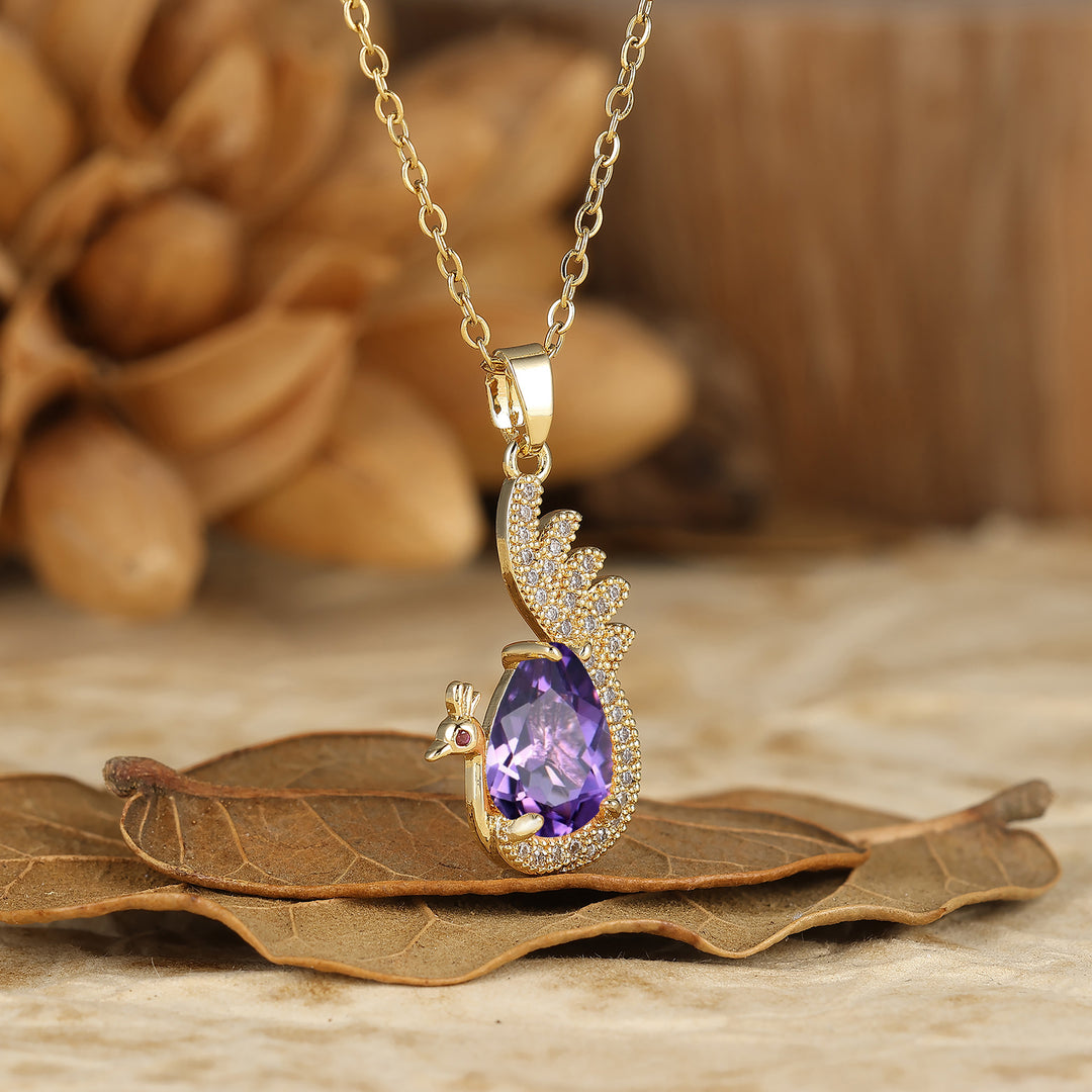 925 Sterling Silver Unique Teardrop Elegant Natural Amethyst Swan/Peacock Pendant Necklace for Women
