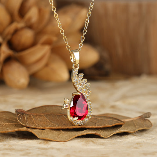 925 Sterling Silver Unique Teardrop Elegant Ruby Swan/Peacock Pendant Necklace for Women