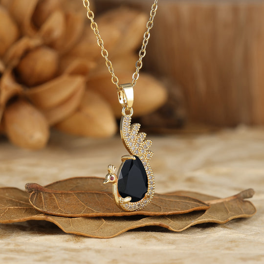 925 Sterling Silver Unique Teardrop Elegant Black Onyx Swan/Peacock Pendant Necklace for Women