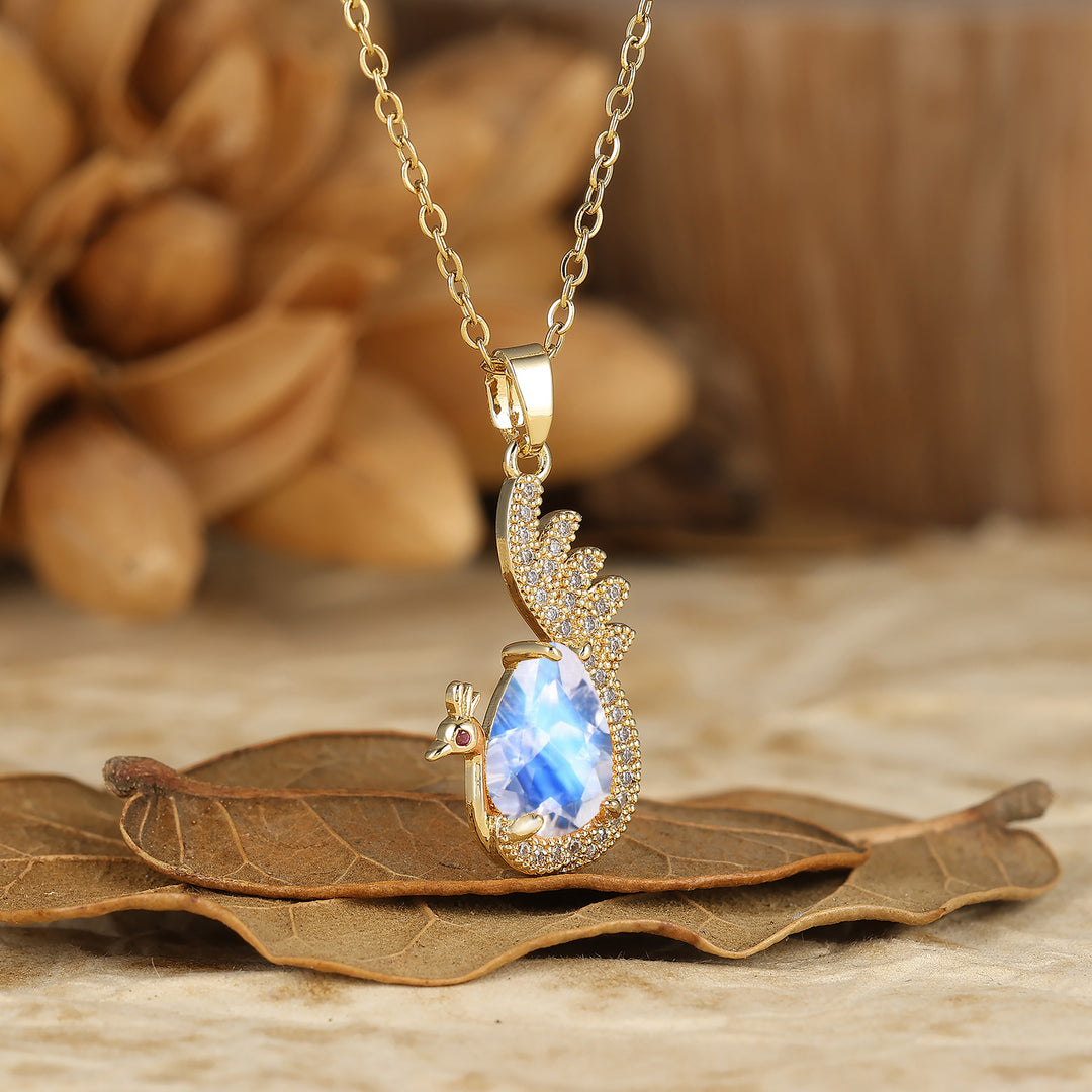 925 Sterling Silver Unique Teardrop Elegant Moonstone Swan/Peacock Pendant Necklace for Women