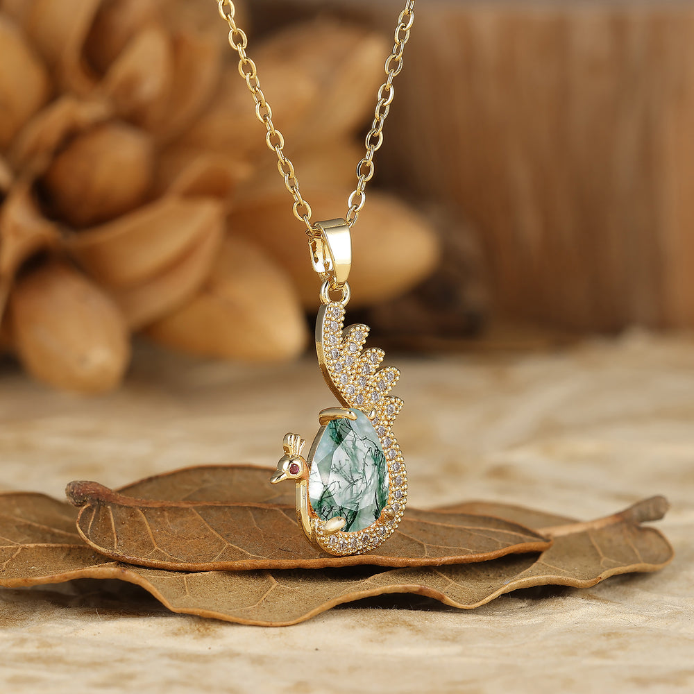 Unique Teardrop Elegant Natural Moss Agate Swan/Peacock Pendant Necklace 14K Gold Neckalce