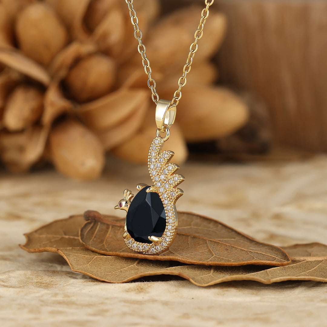 925 Sterling Silver Unique Teardrop Elegant Black Onyx Swan/Peacock Pendant Necklace for Women