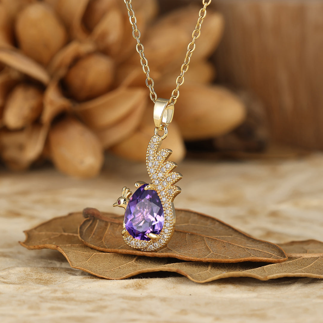 925 Sterling Silver Unique Teardrop Elegant Natural Amethyst Swan/Peacock Pendant Necklace for Women