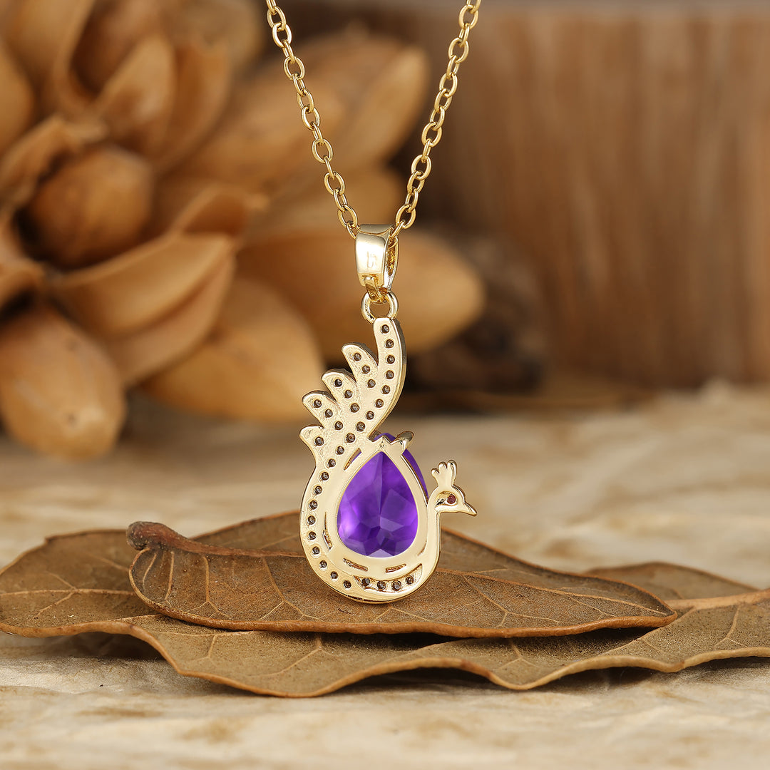 925 Sterling Silver Unique Teardrop Elegant Natural Amethyst Swan/Peacock Pendant Necklace for Women