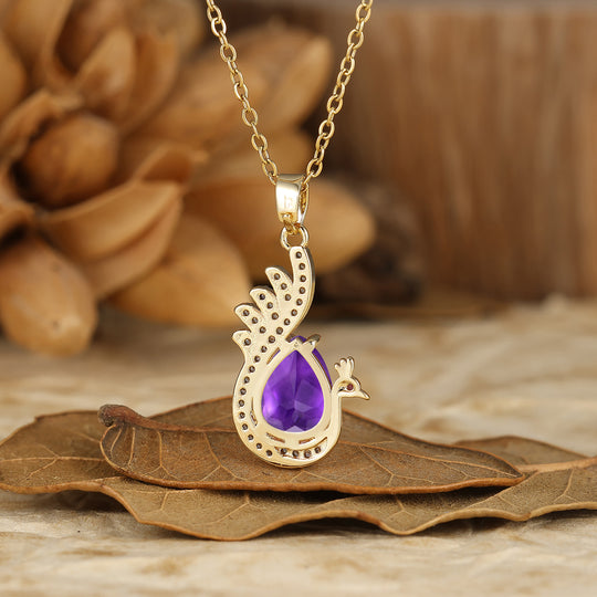 925 Sterling Silver Unique Teardrop Elegant Natural Amethyst Swan/Peacock Pendant Necklace for Women