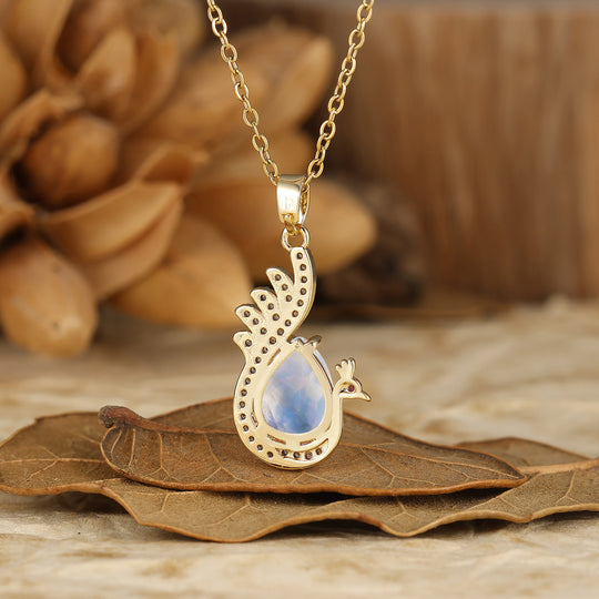 925 Sterling Silver Unique Teardrop Elegant Moonstone Swan/Peacock Pendant Necklace for Women