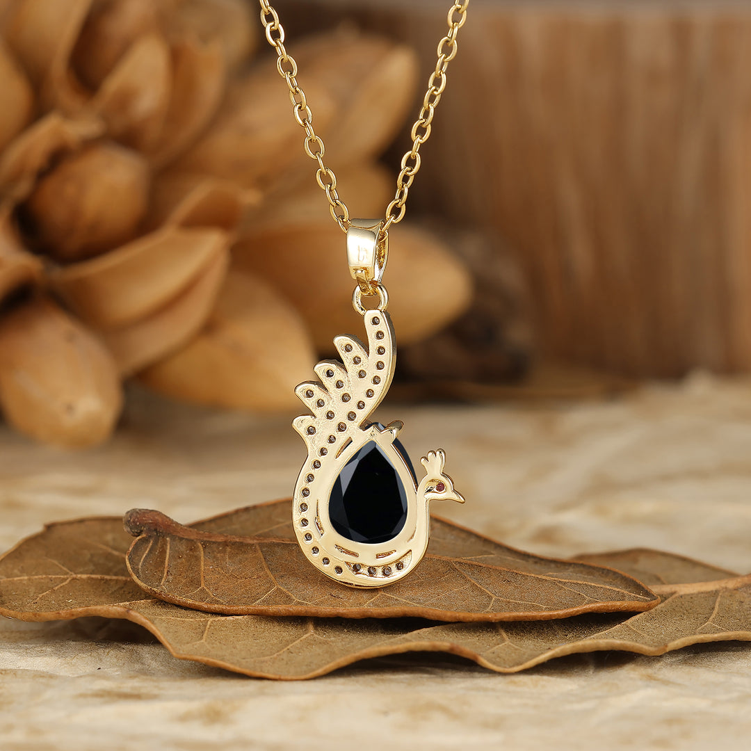 925 Sterling Silver Unique Teardrop Elegant Black Onyx Swan/Peacock Pendant Necklace for Women