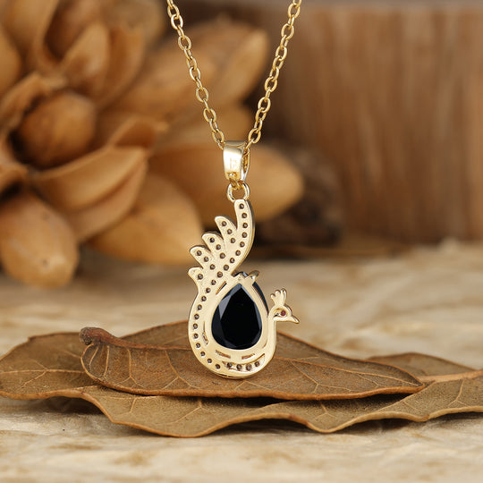 925 Sterling Silver Unique Teardrop Elegant Black Onyx Swan/Peacock Pendant Necklace for Women