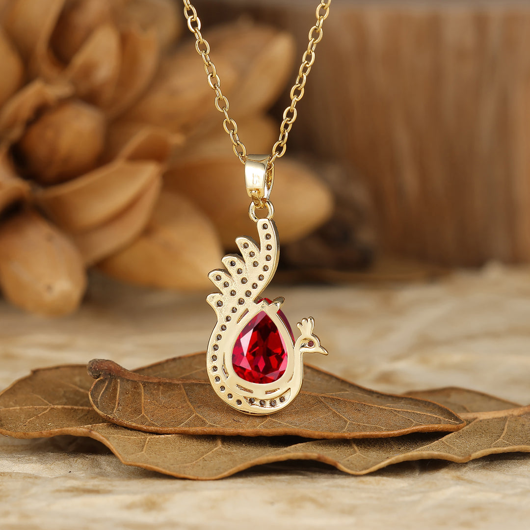 925 Sterling Silver Unique Teardrop Elegant Ruby Swan/Peacock Pendant Necklace for Women