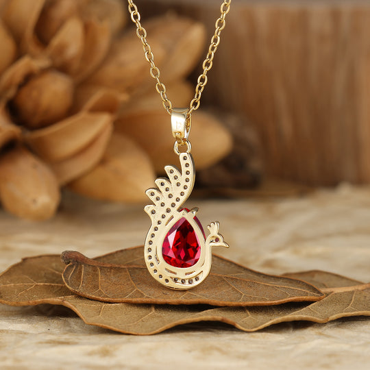 925 Sterling Silver Unique Teardrop Elegant Ruby Swan/Peacock Pendant Necklace for Women