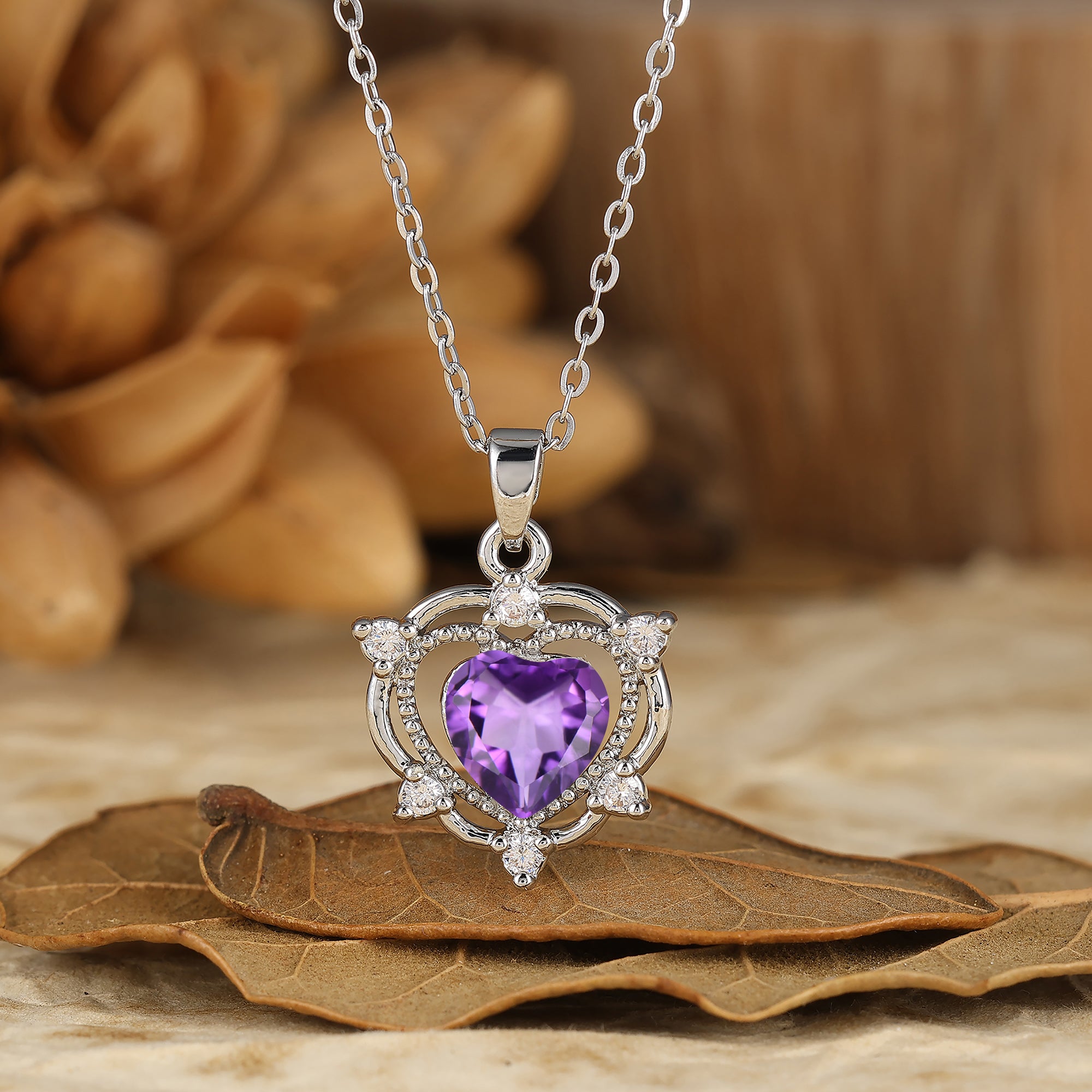 925 Sterling Silver Amethyst Heart Crown Pendant Necklace 14K Gold