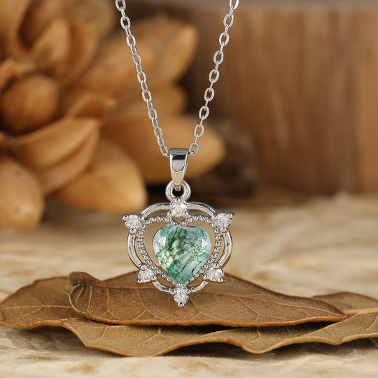 925 Argento Sterling Naturale Agata Muschiata a Cuore Corona Ciondolo Collana Collana in Oro 14K per Donna