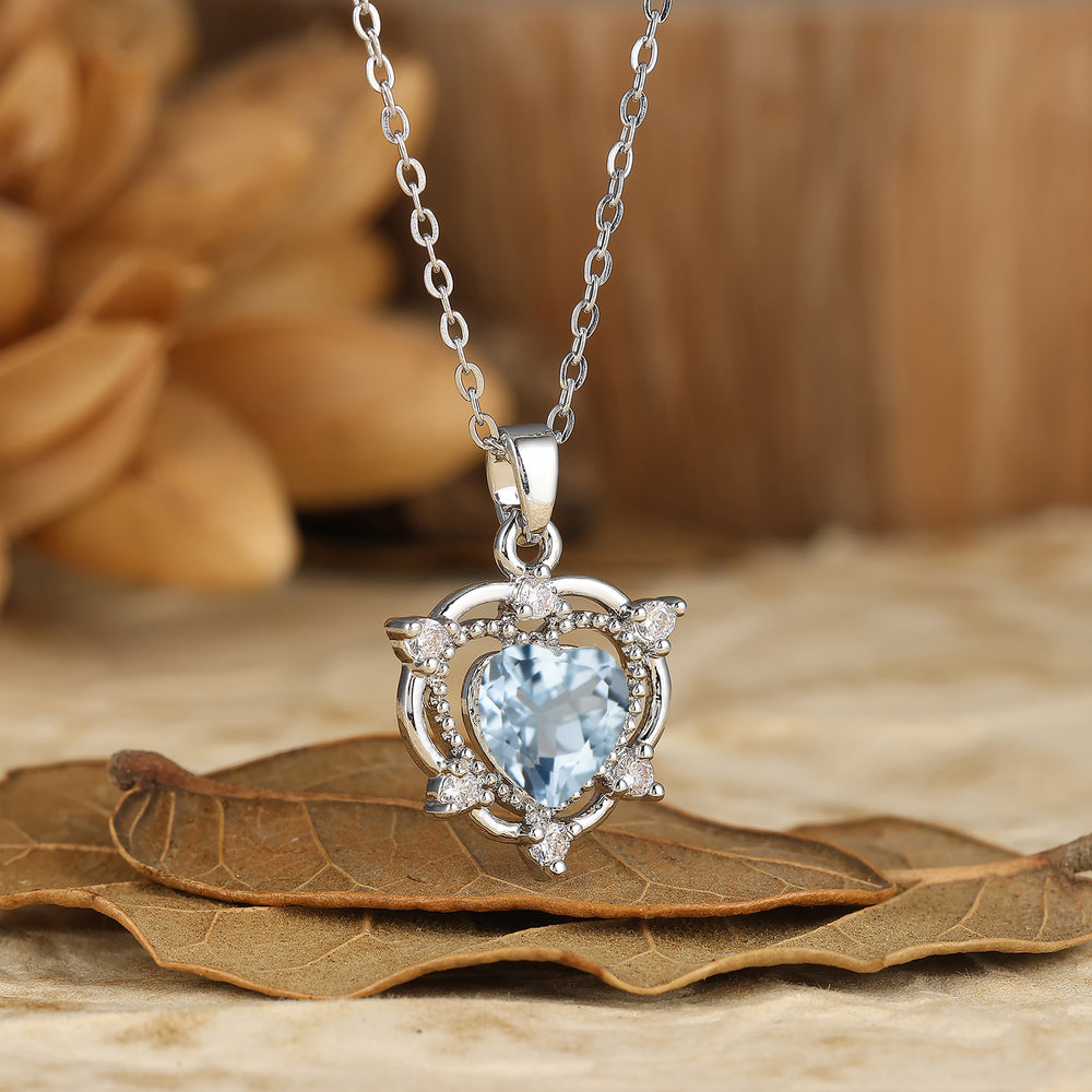 925 Sterling Silver Aquamarine Heart Crown Pendant Necklace 14K Gold Neckalce for Women