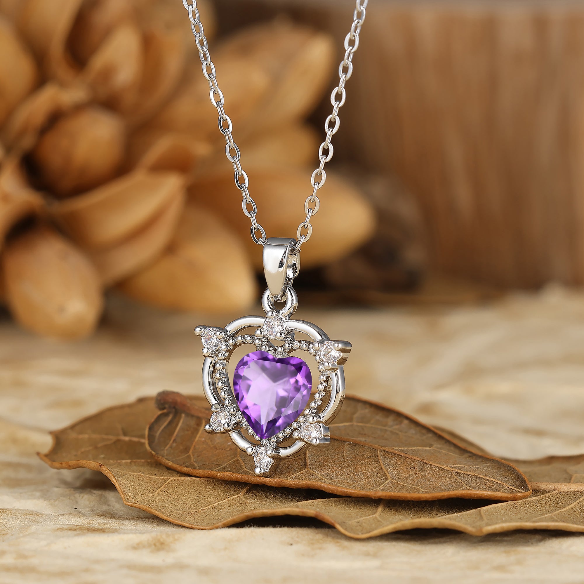 925 Sterling Silver Amethyst Heart Crown Pendant Necklace 14K Gold