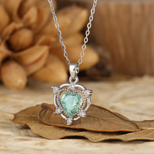 925 Argento Sterling Naturale Agata Muschiata a Cuore Corona Ciondolo Collana Collana in Oro 14K per Donna