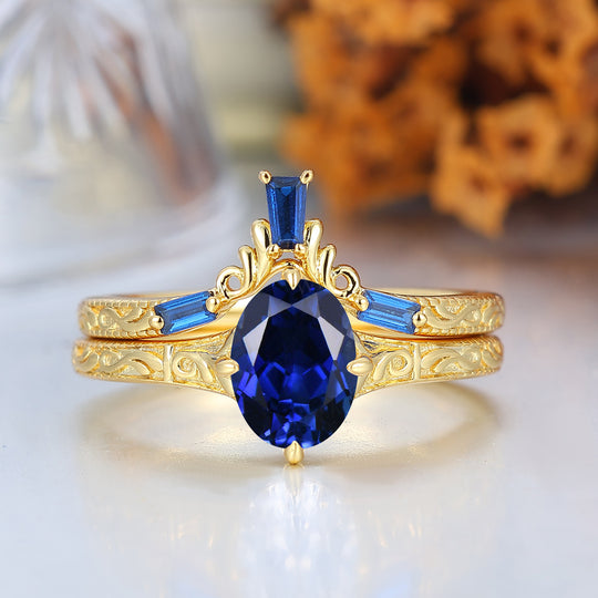 14k Oval Blue Sapphire Ring with Baguette Accents with Filigree Band Engagement Ring