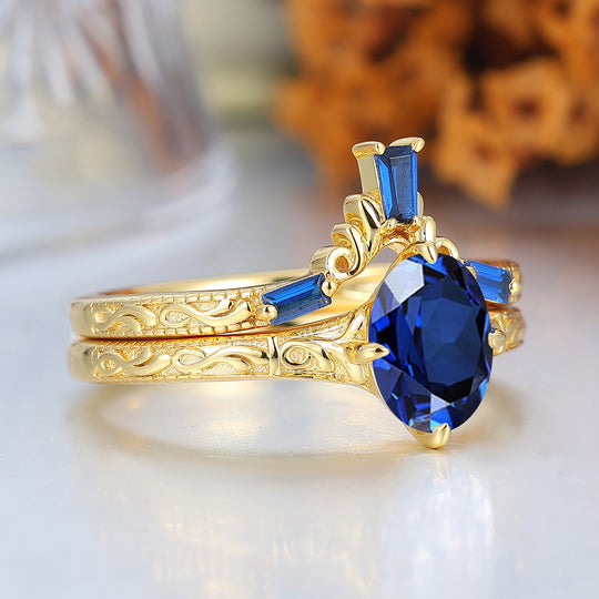 Retro 1.5CT Oval Sapphire Scrollwork Couple Ring Set Baroque-inspired Engraved Leaf Wedding Ring Set