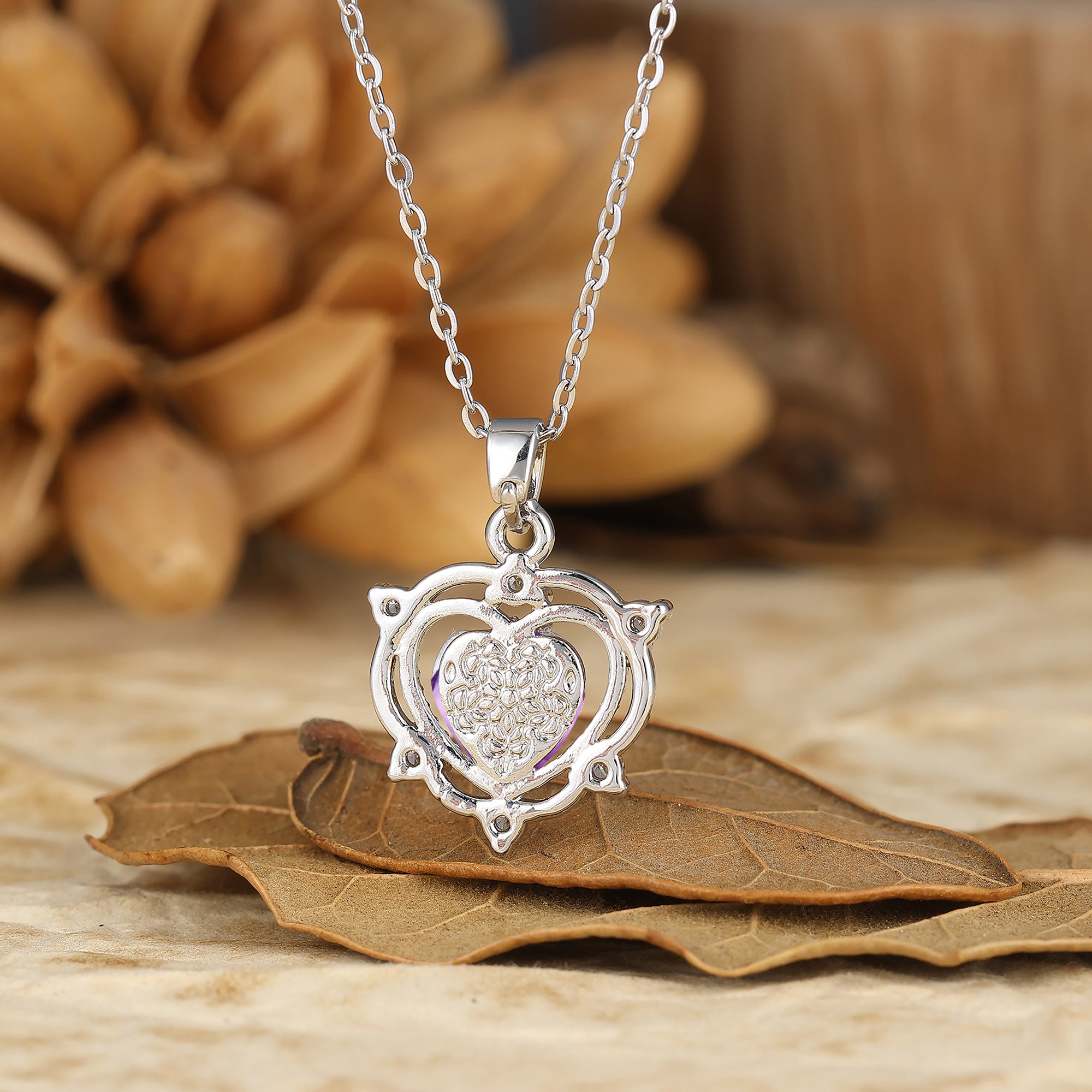 925 Sterling Silver Amethyst Heart Crown Pendant Necklace 14K Gold