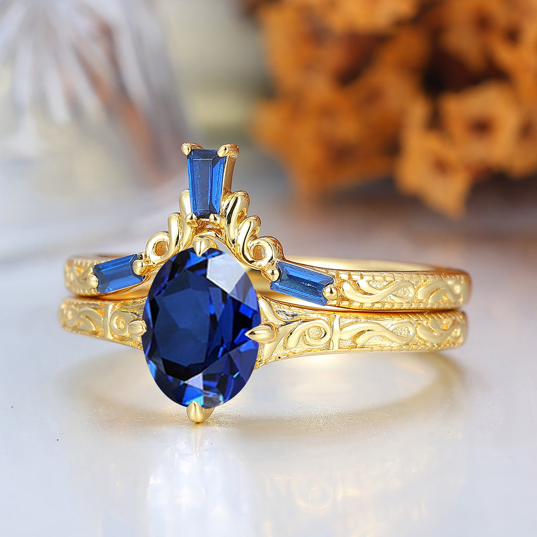 14k Oval Blue Sapphire Ring with Baguette Accents with Filigree Band Engagement Ring