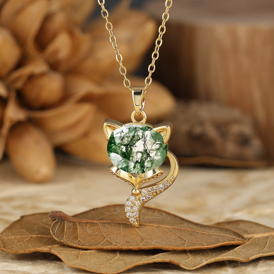 Unique Animal Oval Cut Natural Moss Agate Fox Solitaire Pendant Necklace 14K Gold Neckalce for Women