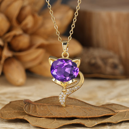 Unique Animal Oval Cut Natural Moss Agate Fox Solitaire Pendant Necklace 14K Gold Neckalce for Women