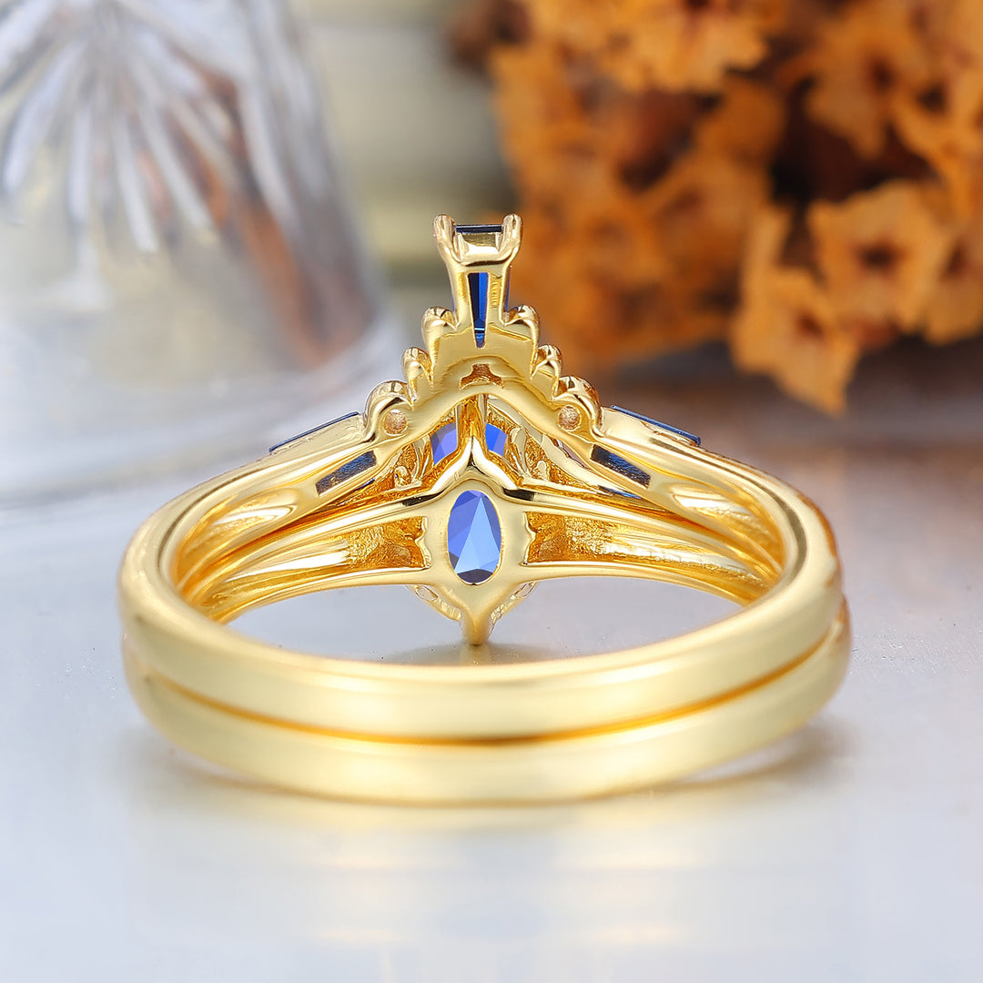 14k Oval Blue Sapphire Ring with Baguette Accents with Filigree Band Engagement Ring