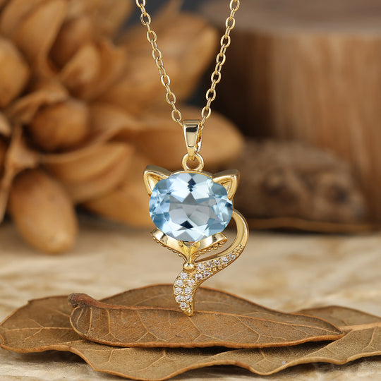 Unique Animal Oval Cut Natural Moss Agate Fox Solitaire Pendant Necklace 14K Gold Neckalce for Women