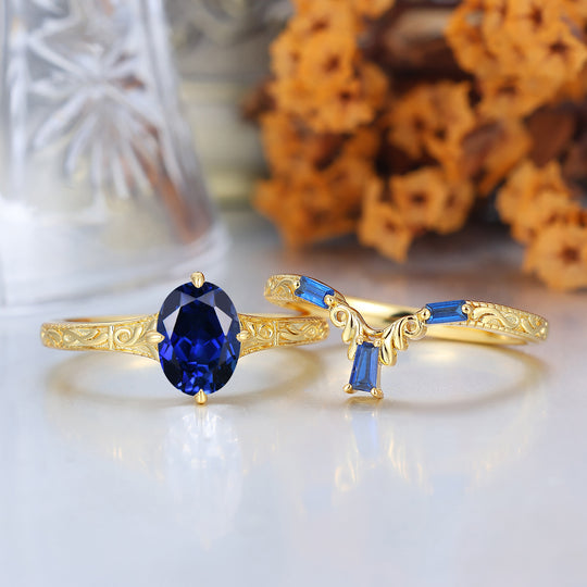 Retro 1.5CT Oval Sapphire Scrollwork Couple Ring Set Baroque-inspired Engraved Leaf Wedding Ring Set