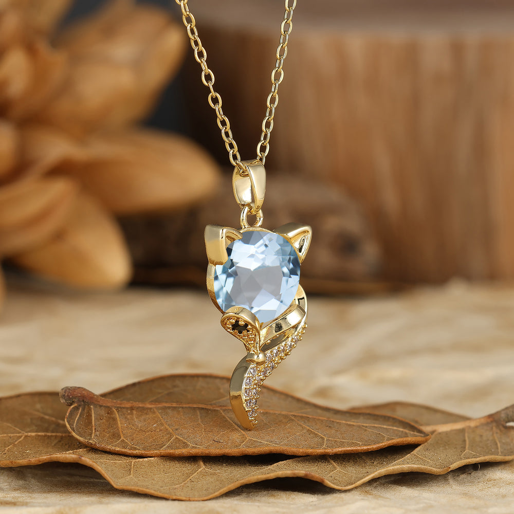 Unique Animal Oval Cut Aquamarine Fox Solitaire Pendant Necklace 14K Gold Neckalce for Women