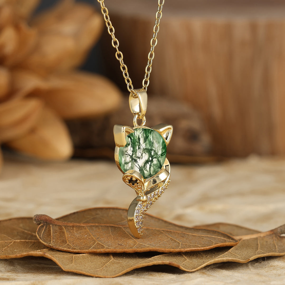 Unique Animal Oval Cut Natural Moss Agate Fox Solitaire Pendant Necklace 14K Gold Neckalce for Women