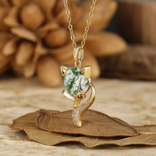 Unique Animal Oval Cut Natural Moss Agate Fox Solitaire Pendant Necklace 14K Gold Neckalce for Women