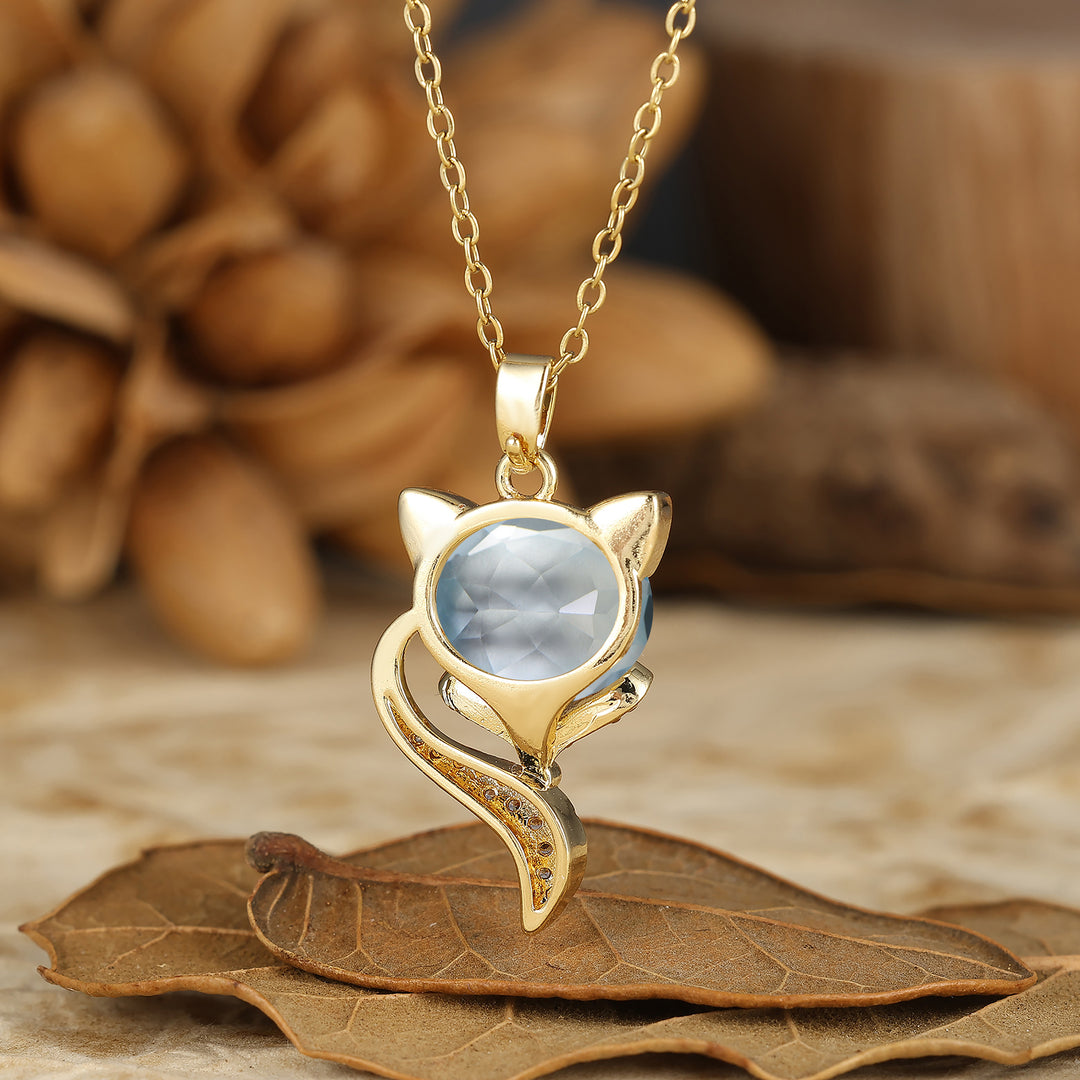 Unique Animal Oval Cut Natural Moss Agate Fox Solitaire Pendant Necklace 14K Gold Neckalce for Women