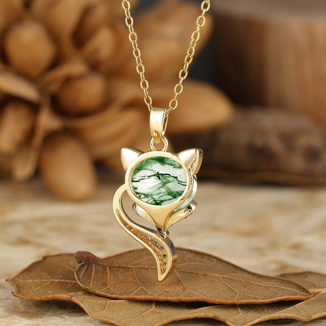Unique Animal Oval Cut Natural Moss Agate Fox Solitaire Pendant Necklace 14K Gold Neckalce for Women