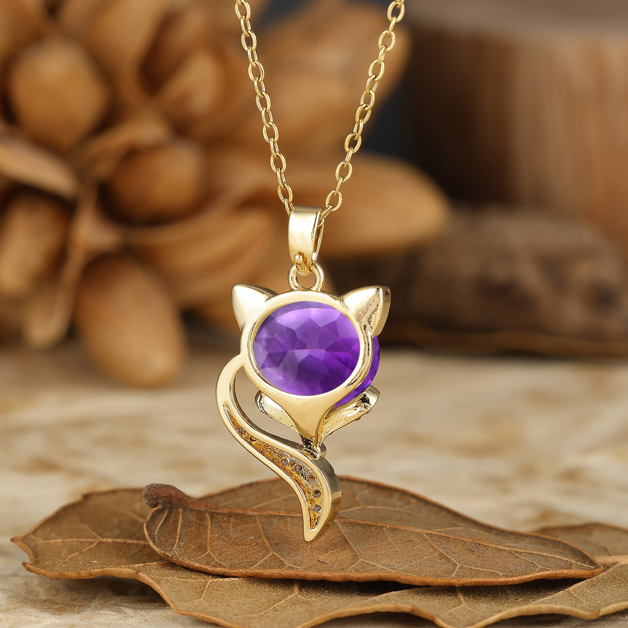 パープルルチルクオーツのネックレス　30mm Unique Animal Oval Cut Natural Moss Agate Fox Solitaire Pendant