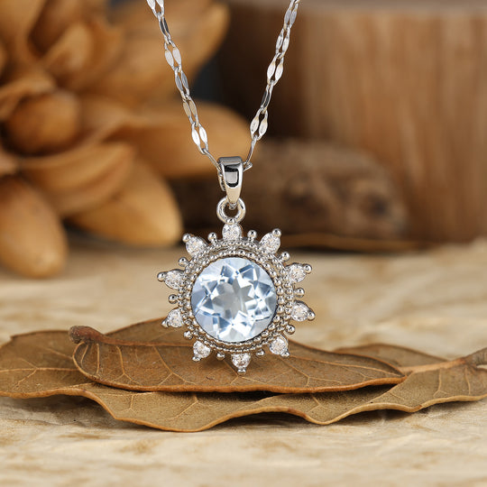 Delicate Round Cut Natural Moss Agate Sun Halo Pendant Necklace 14K Gold Neckalce