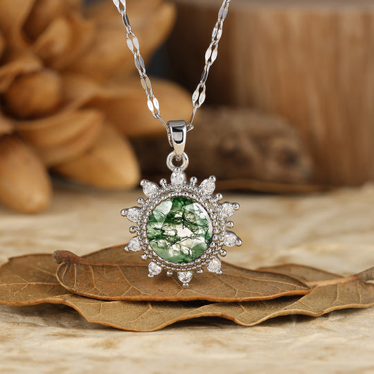Delicate Round Cut Natural Moss Agate Sun Halo Pendant Necklace 14K Gold Neckalce