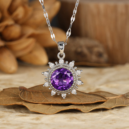 Delicate Round Cut Natural Moss Agate Sun Halo Pendant Necklace 14K Gold Neckalce