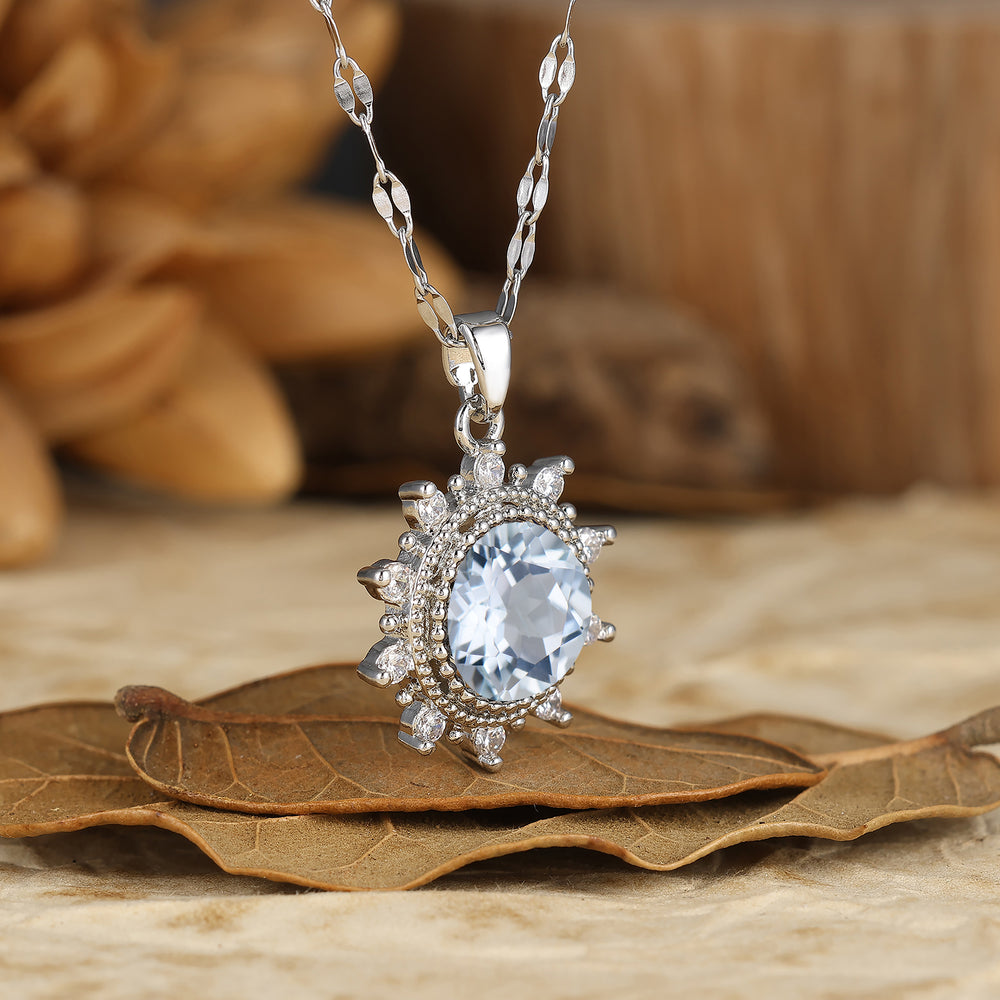 Delicate Round Cut Aquamarine Sun Halo Pendant Necklace February Birthstone 14K Gold Neckalce