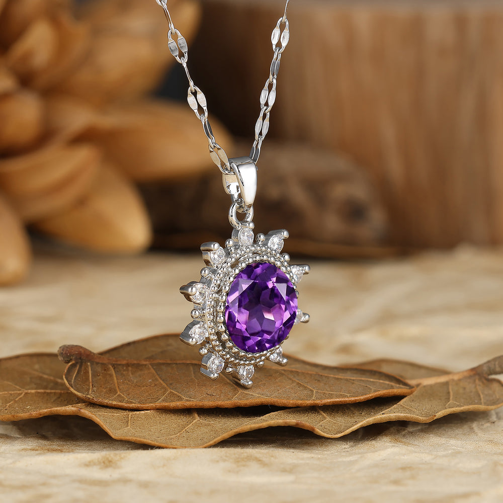 Delicate Round Cut  Amethyst Sun Halo Pendant Necklace 14K Gold Neckalce