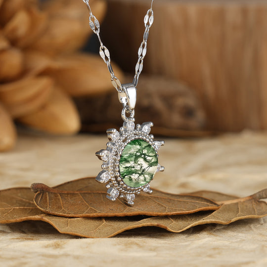 Delicate Round Cut Natural Moss Agate Sun Halo Pendant Necklace 14K Gold Neckalce