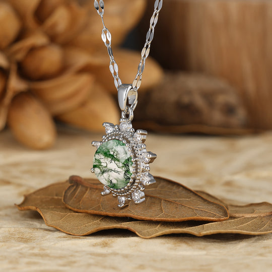 Delicate Round Cut Natural Moss Agate Sun Halo Pendant Necklace 14K Gold Neckalce