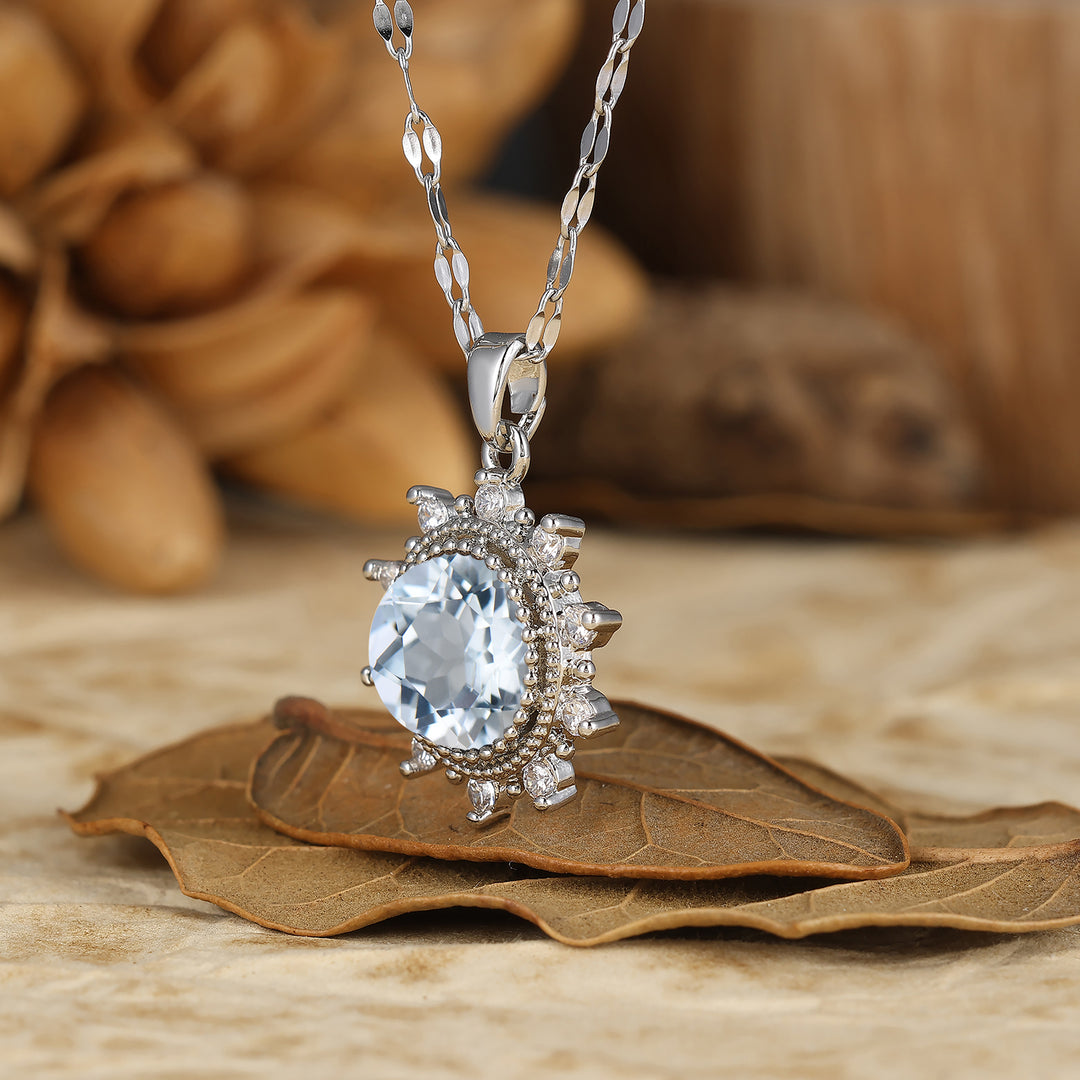 Delicate Round Cut Natural Moss Agate Sun Halo Pendant Necklace 14K Gold Neckalce