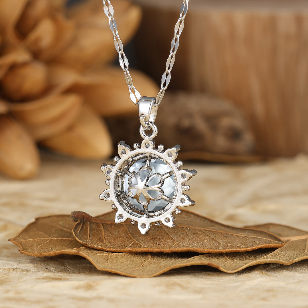 Delicate Round Cut Natural Moss Agate Sun Halo Pendant Necklace 14K Gold Neckalce