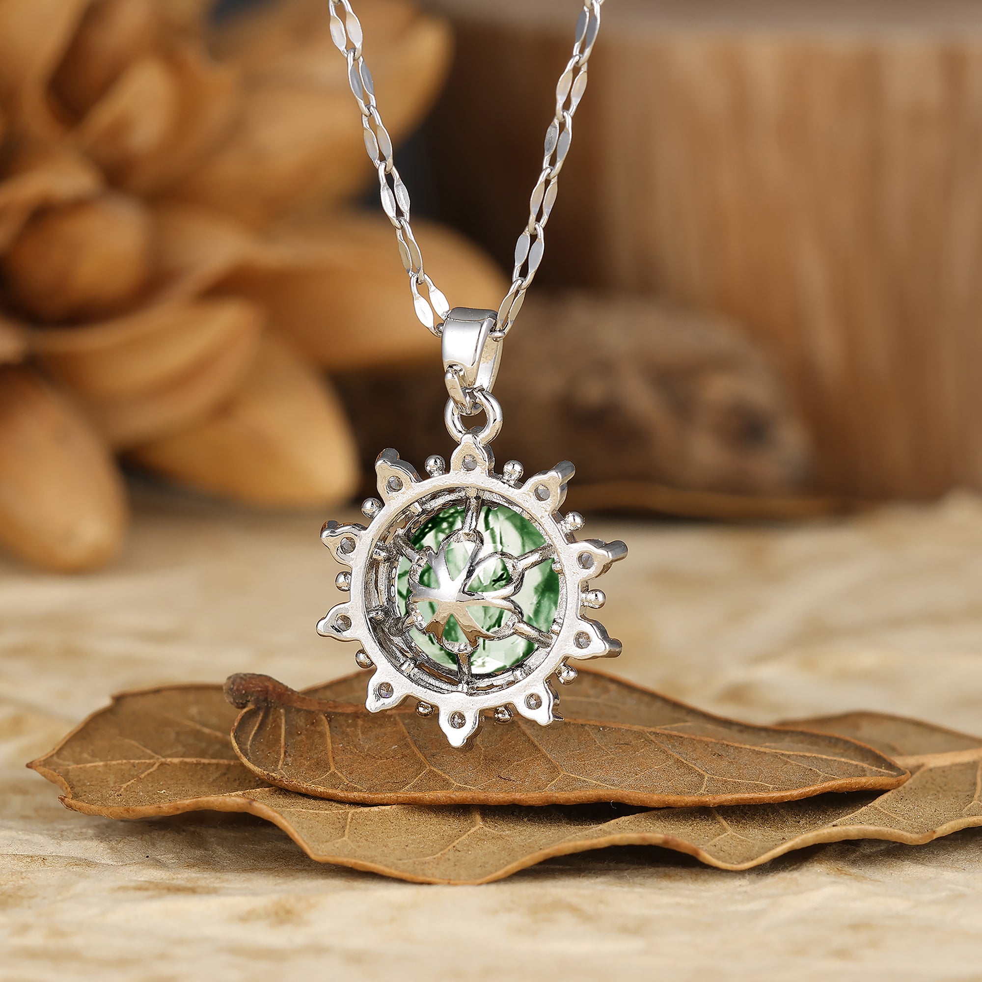 Delicate Round Cut Natural Moss Agate Sun Halo Pendant Necklace