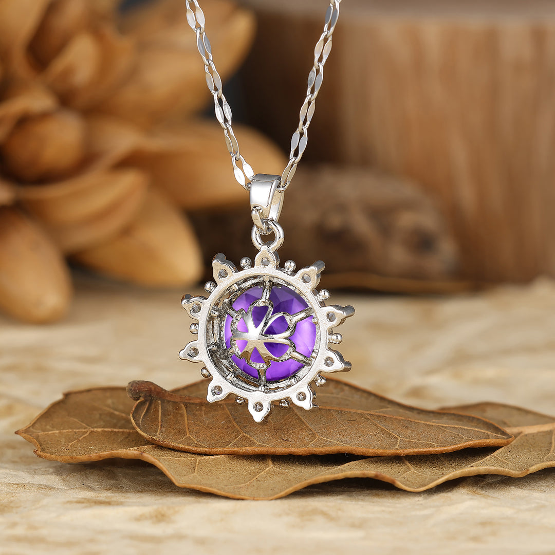 Delicate Round Cut Natural Moss Agate Sun Halo Pendant Necklace 14K Gold Neckalce