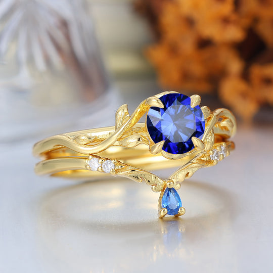 Vintage Nature-Inspired Blue Sapphire Leaf Wedding Set Handmade Promise Anniversary Bridal Ring