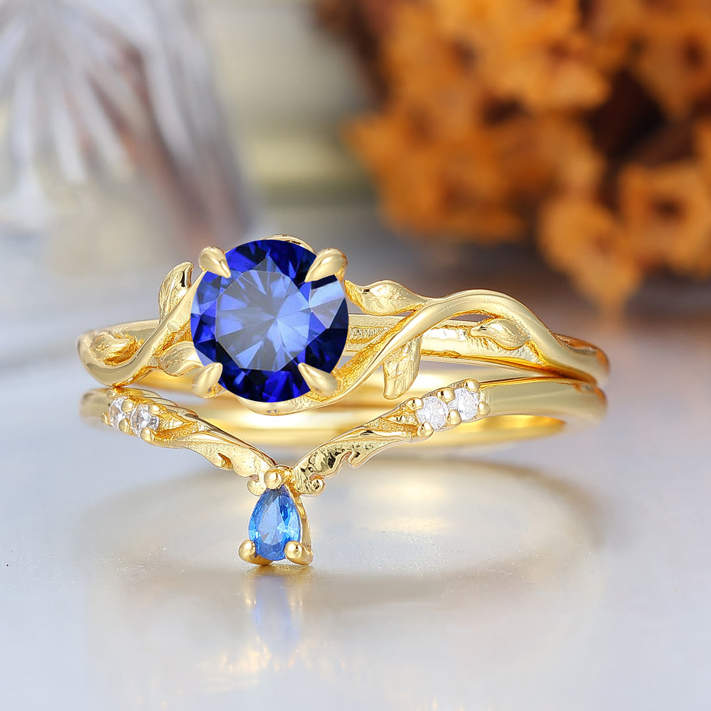 Vintage Nature-Inspired Blue Sapphire Leaf Wedding Set Handmade Promise Anniversary Bridal Ring